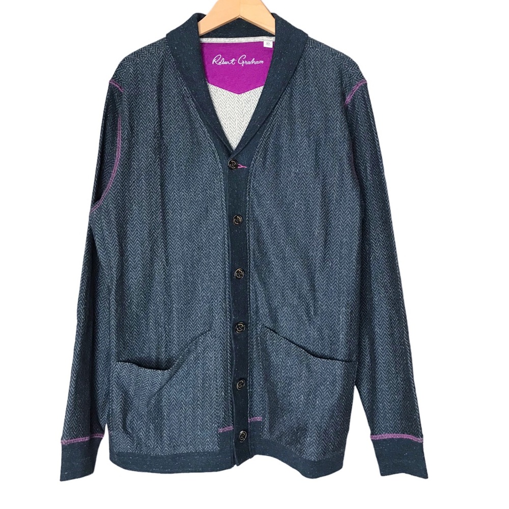 Robert Graham Cardigan Button Up Shawl Collar Blue Grey Patches Cotton Men's XL